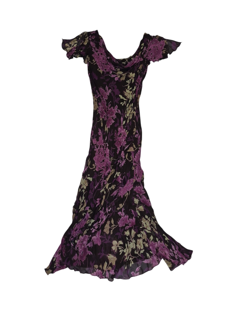 Vintage Beaded Floral Black and Purple Maxi Dress with Flutter Sleeves
